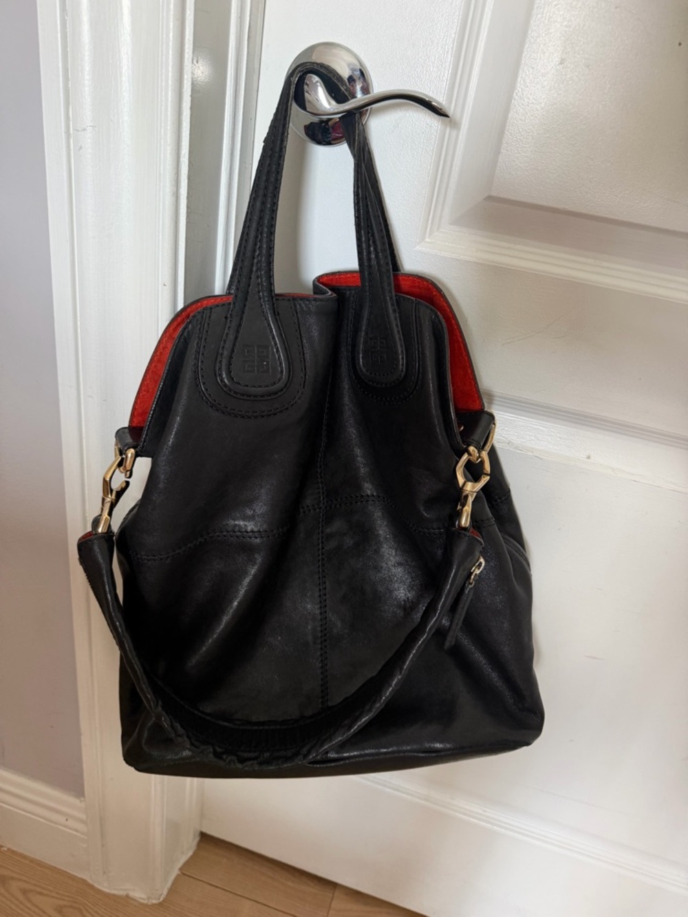 Givenchy nightingale Black Leather Tote Bag with Red Lining - Designer Style